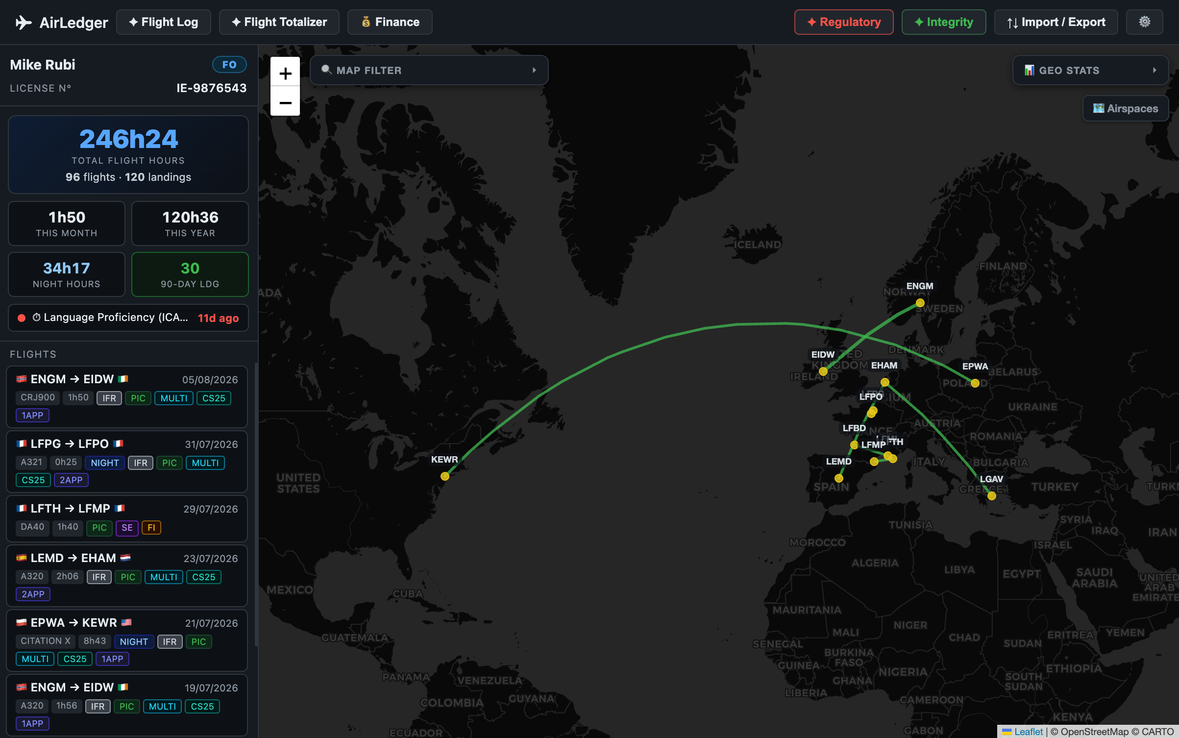 AirLedger worldwide flight map and pilot dashboard