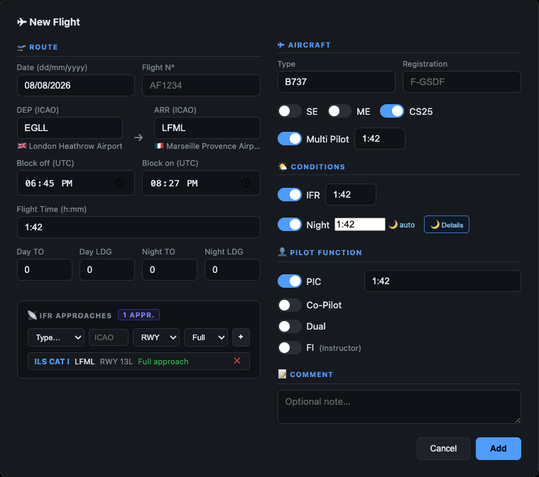 The New / Edit Flight window with all fields