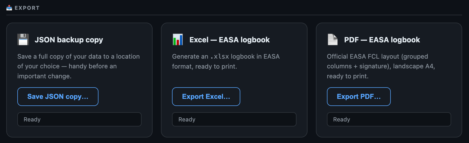 Export options: EASA PDF, Excel, CSV and JSON