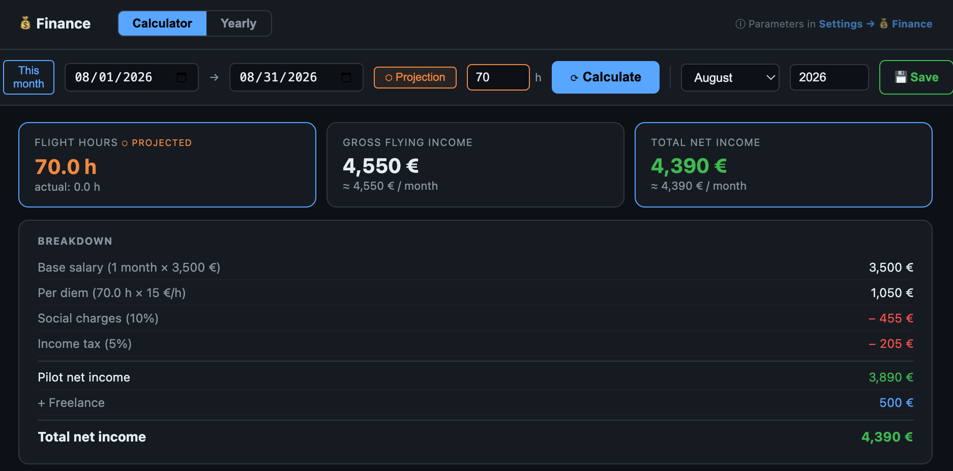 AirLedger income estimate with gross, net and flight-hour rate