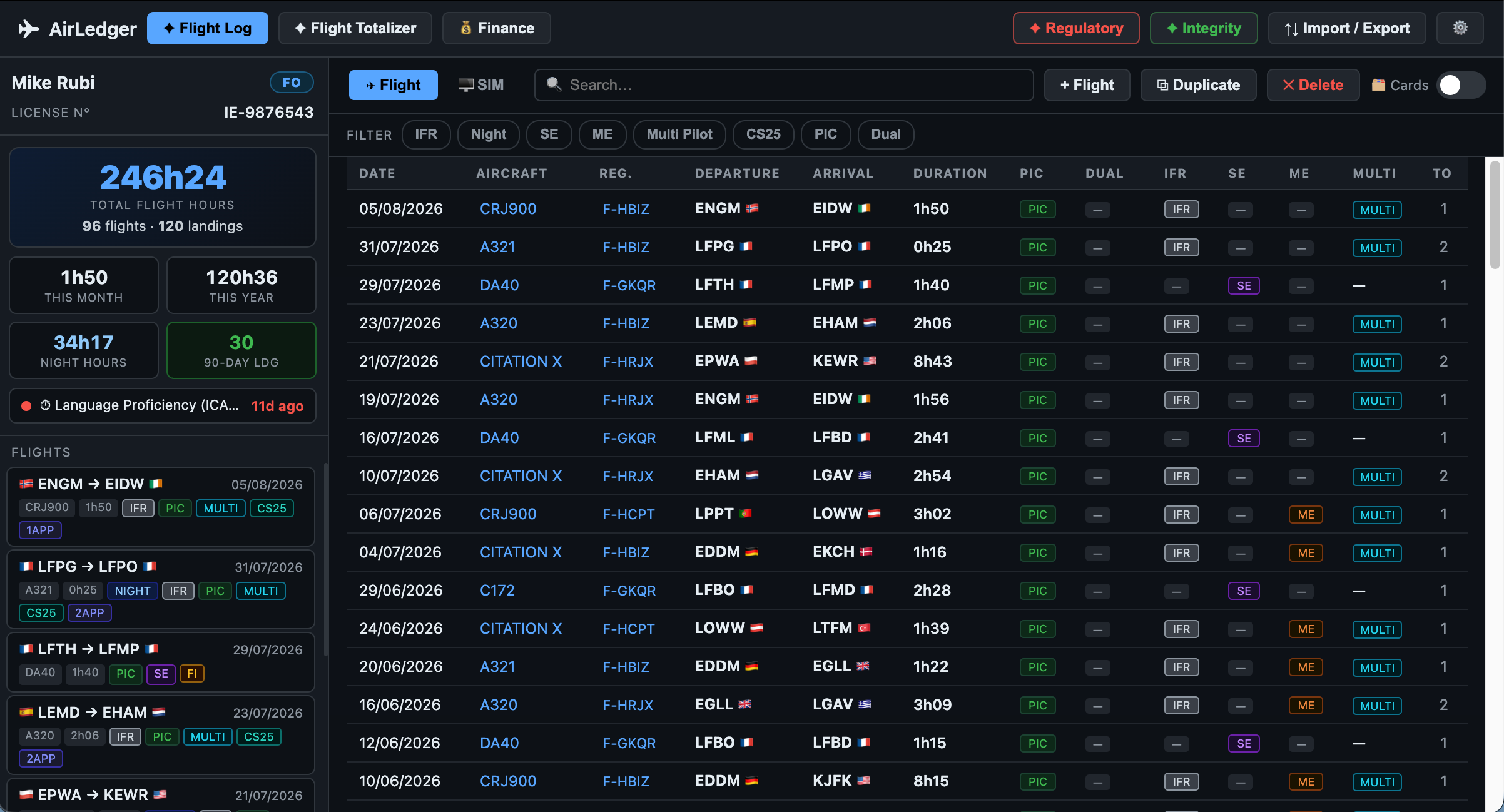 AirLedger flight log in compact Strip view