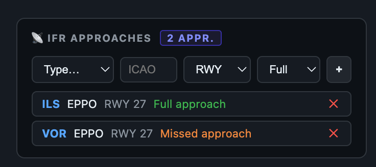 IFR approach logger with approach type, airport, runway and outcome
