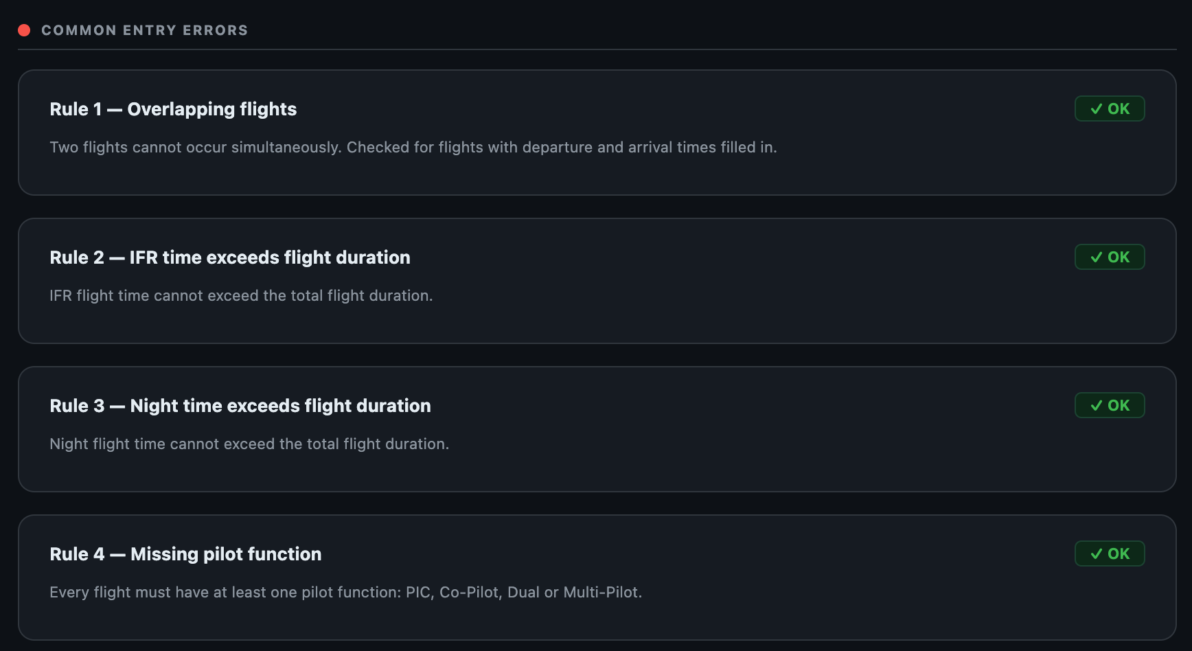 AirLedger automatic flight-data integrity and conflict checks
