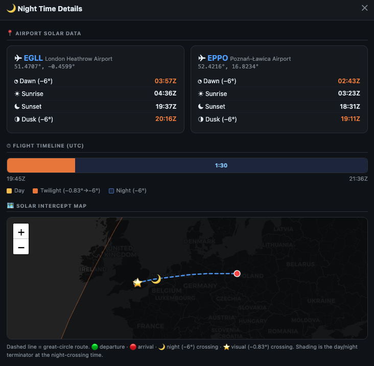 Automatic night-time calculation with airport solar data and flight timeline