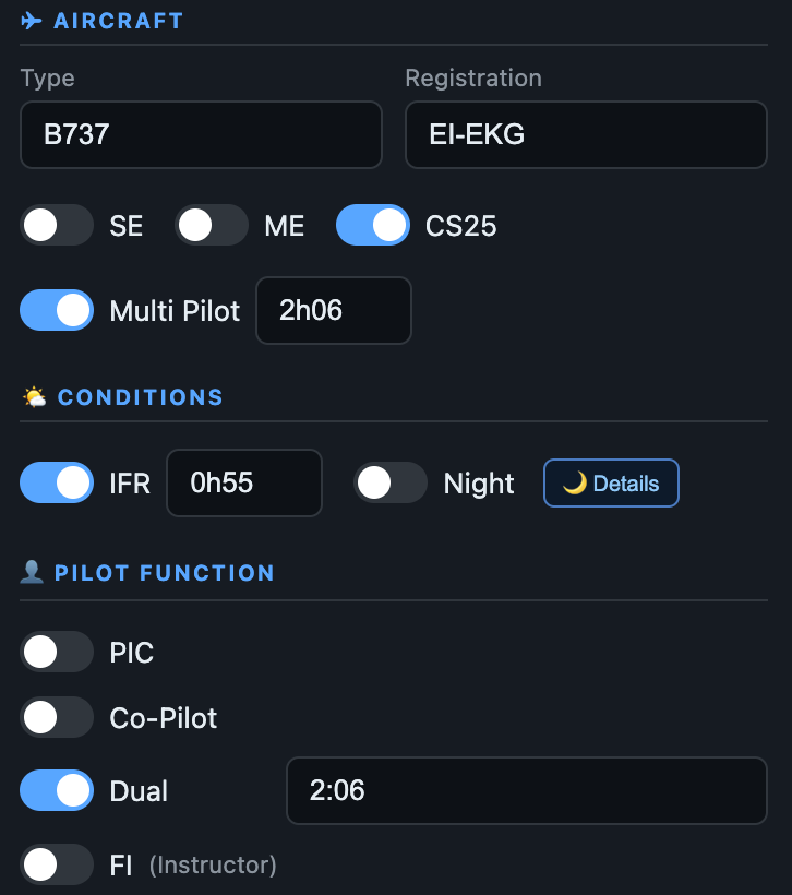 AirLedger pilot-function fields for PIC, Dual, Co-Pilot and instructor time