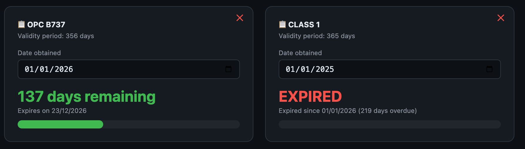 Qualification tracker showing a valid B737 proficiency check and an expired Class 1 medical