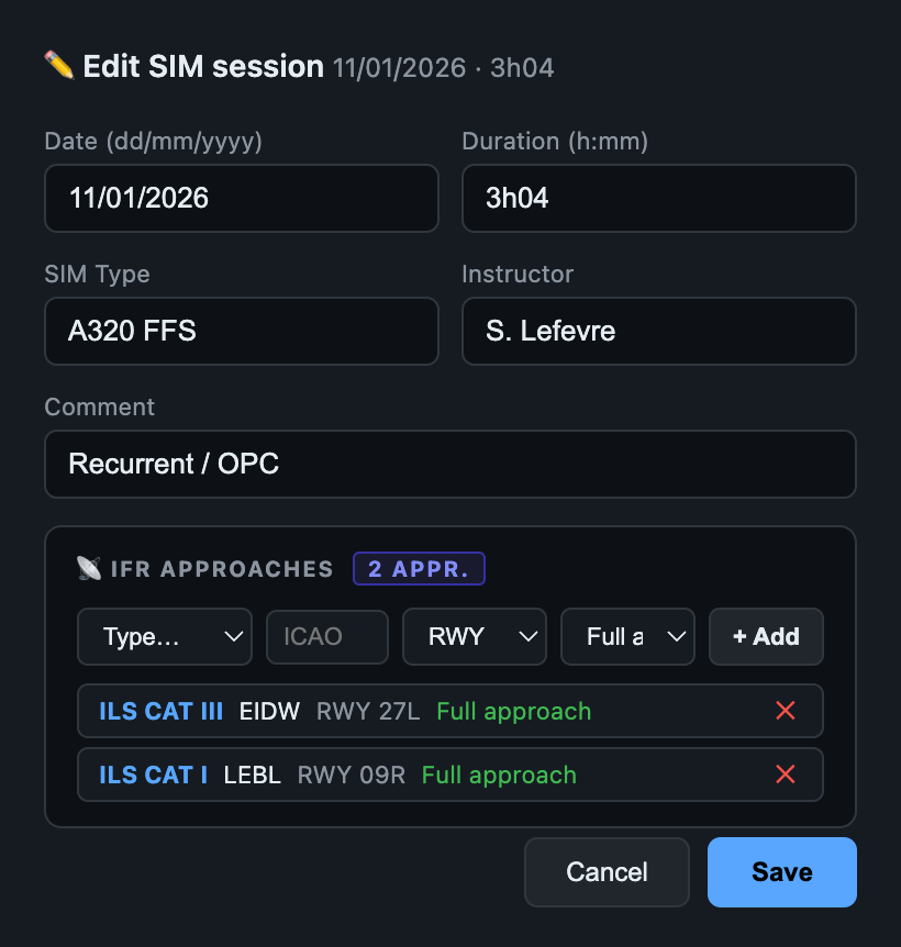 AirLedger form for logging a simulator session and its IFR approaches